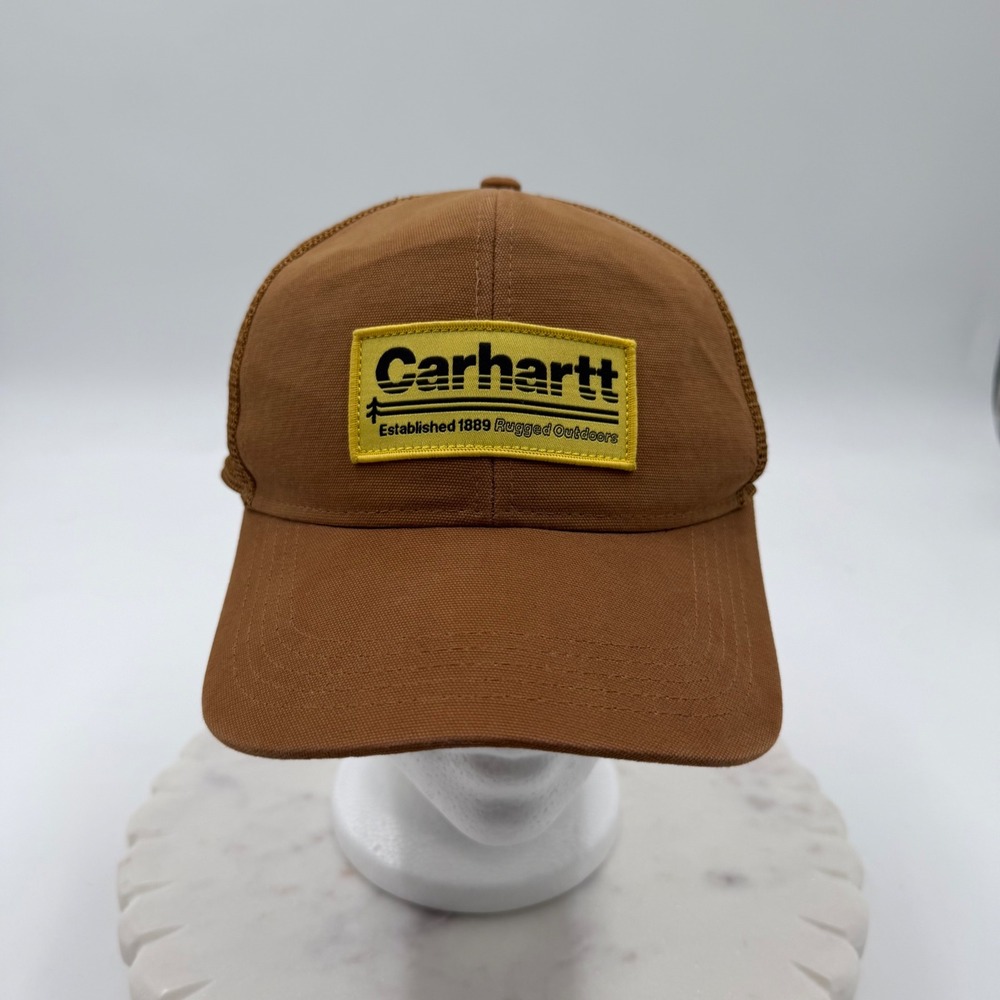 Carhartt Rugged Outdoors Trucker Hat Brown Canvas Mesh Snapback Cap Patch Logo